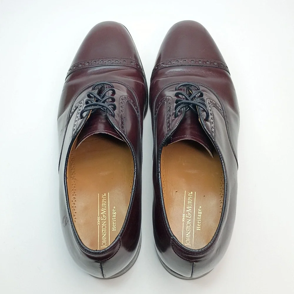 Johnston & Murphy Heritage Mens 10.5‎ D Burgundy Leather Cap Toe Oxford 15-1165